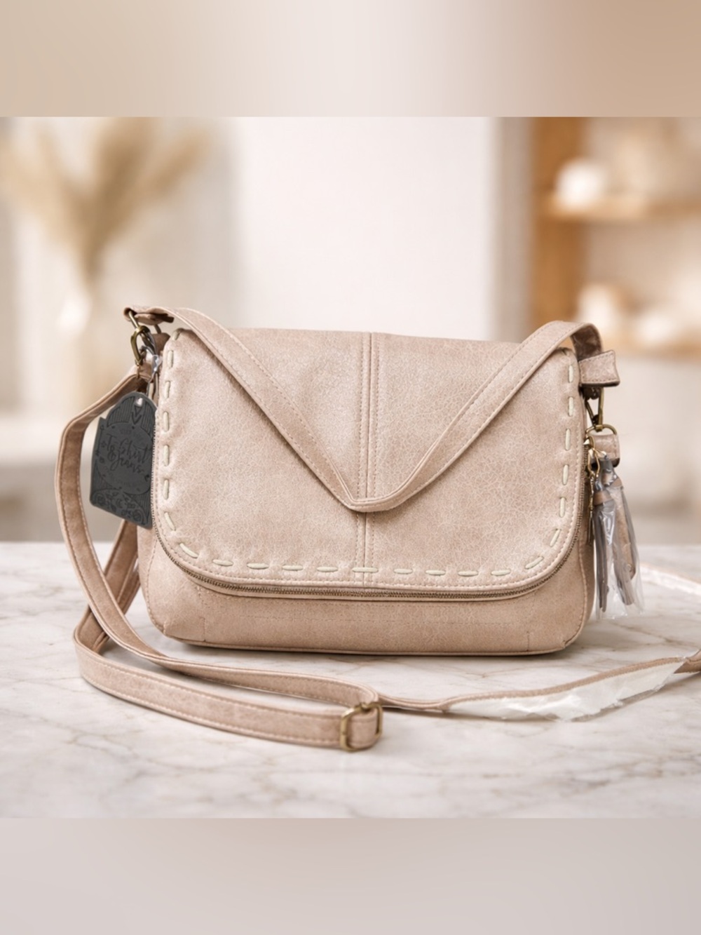 T-Shirt & Jeans Beige Crossbody Bag with Stitched Flap